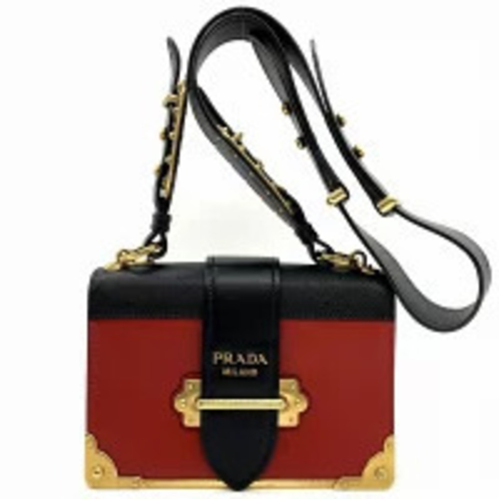 Prada Cahier Crossbody Shoulder Bag Saffiano Leather Red Black Gold